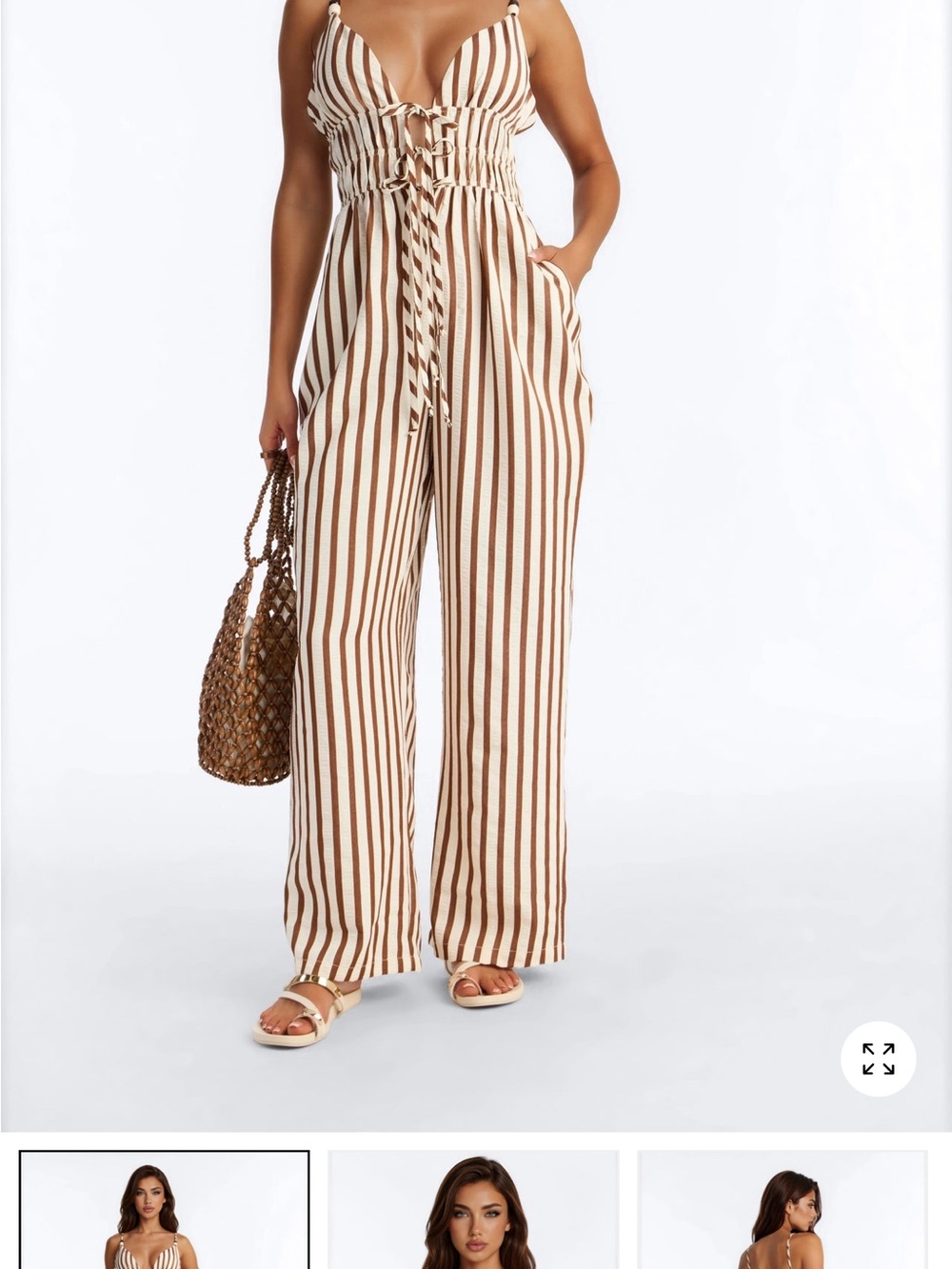 Fashion Nova Brown & White Striped Wide-Leg Jumpsuit
